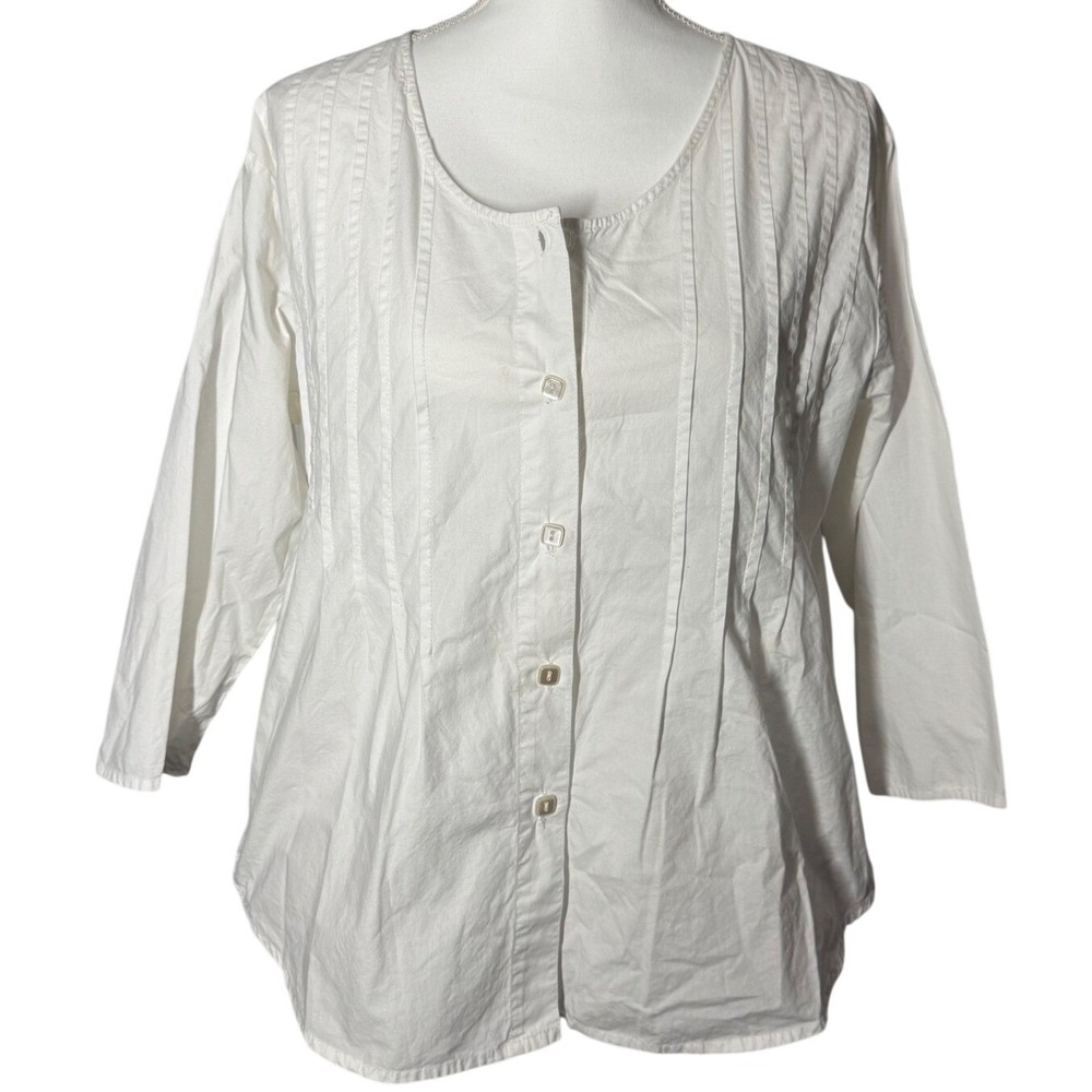 New Direction White Pintuck Cotton Button Front Blouse Classic Old Money Size L